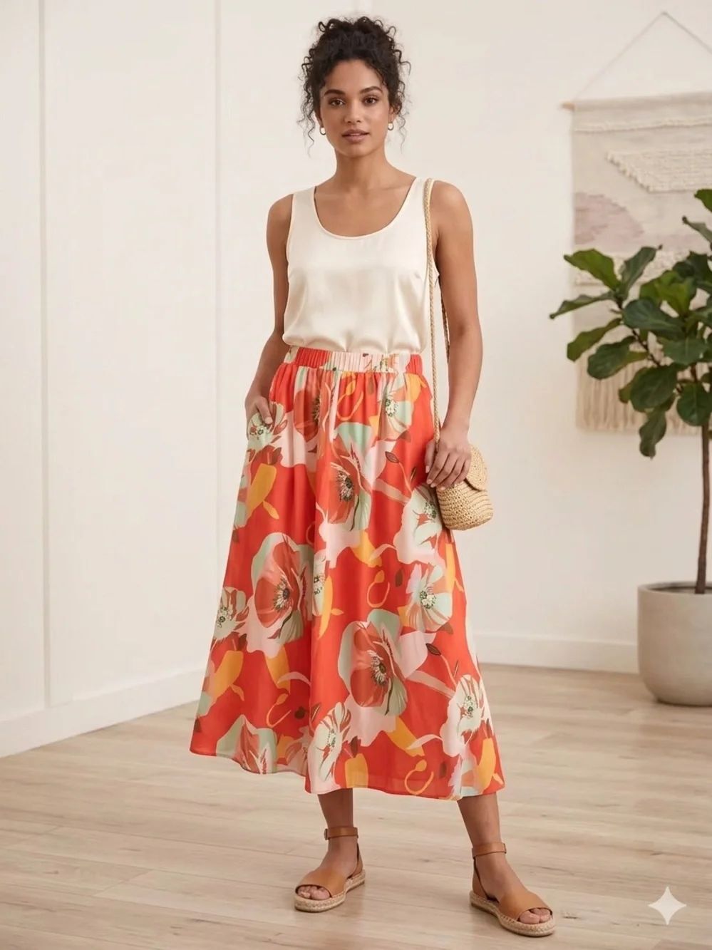 Floral Orange Midi Skirt with Elastic Waist